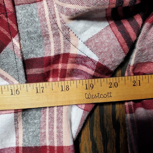 BTC Women's Button Up Hooded Shirt Size Medium Red White Plaid Flannel - Picture 6 of 6